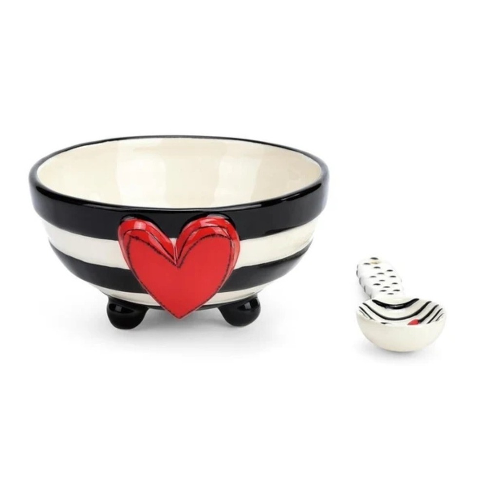 DEMDACO Tracy Pesche Heartful Home Black White Stripe Heart Candy Bowl Spoon - Picture 4 of 4